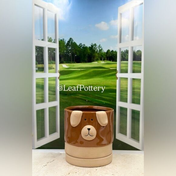 Pirulo Dog Brown/ Beige Ceramic Planter Pot with Saucer Attached - Picture 2 of 11